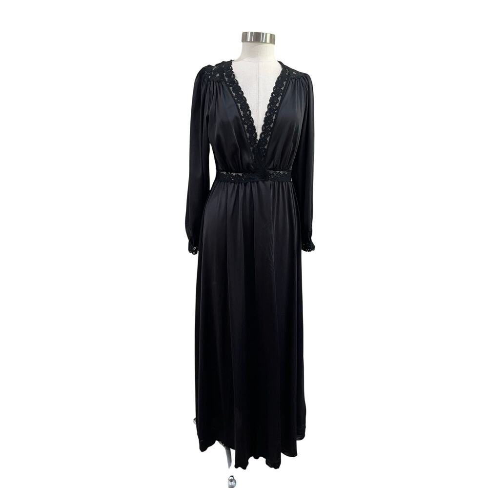 Vintage Shadowline Black Nylon Lace Robe Nightgown Whimsigoth Gothic M